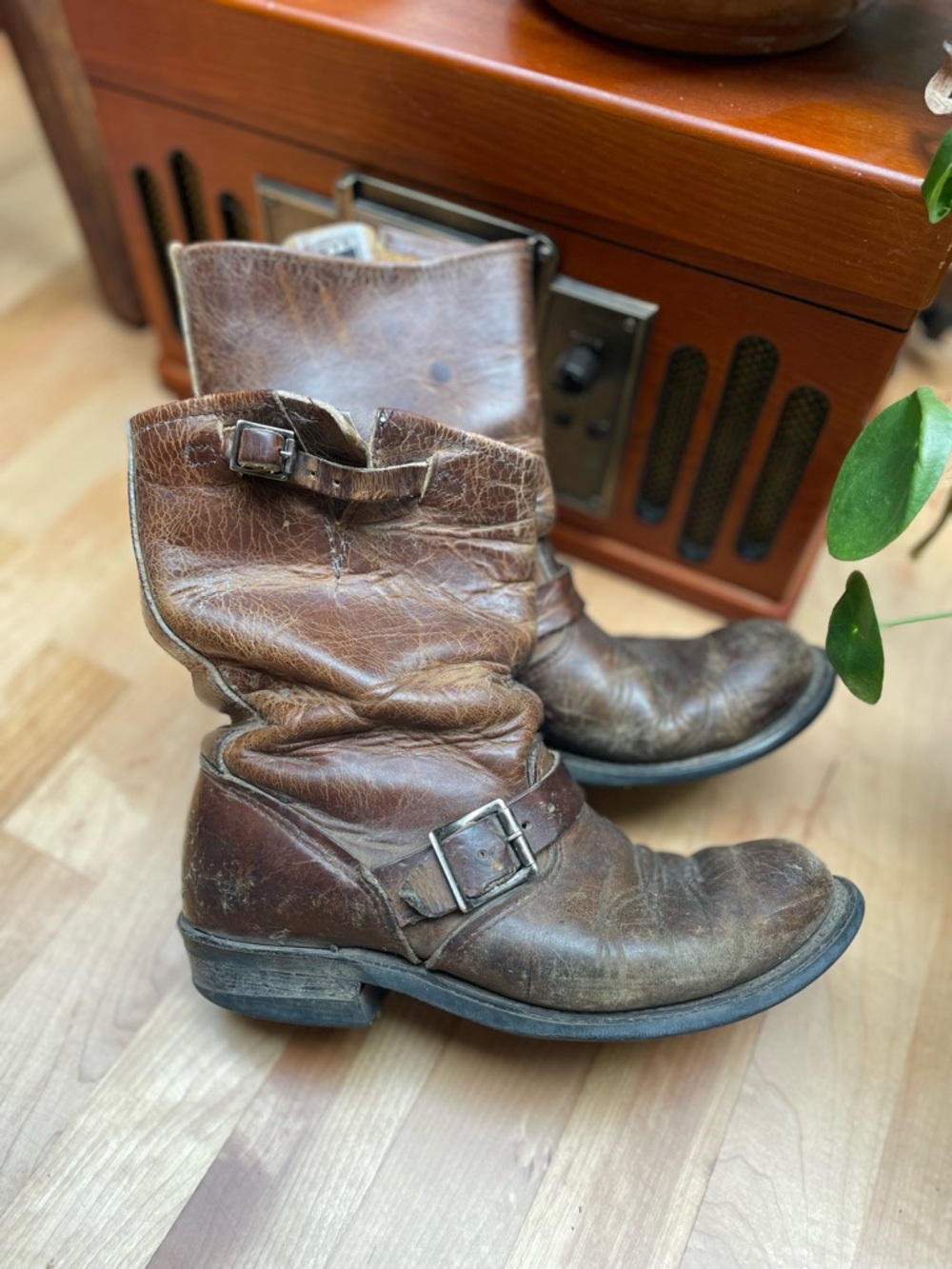 Vintage Frye Moto Buckle Boots — Distressed Brown Leather | Broken-In Patina